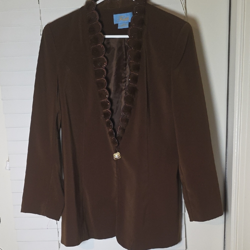 ​Vintage Blazer Brown Faux Fur Scalloped Lapel Evening Wear Glam Boho Sz 14